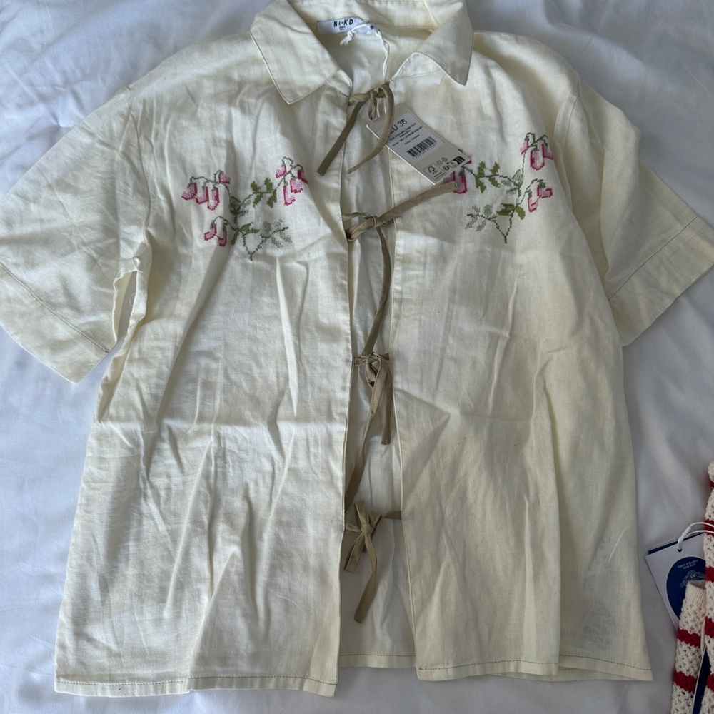 Embroidered Cream Top with Pink Floral Accents